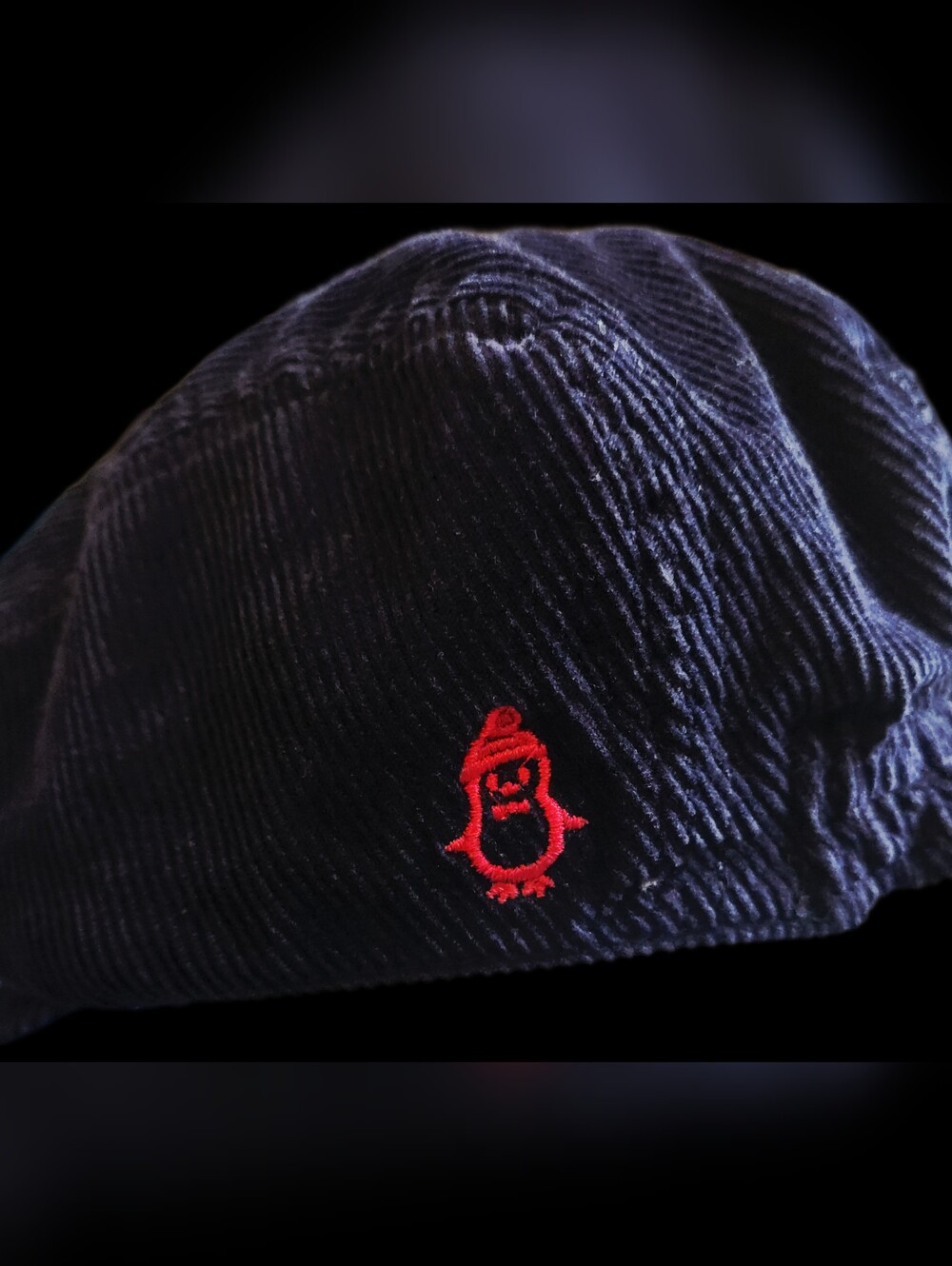 #IC26 Infant's Navy Corduroy Cap with Red Penguin Embroidery